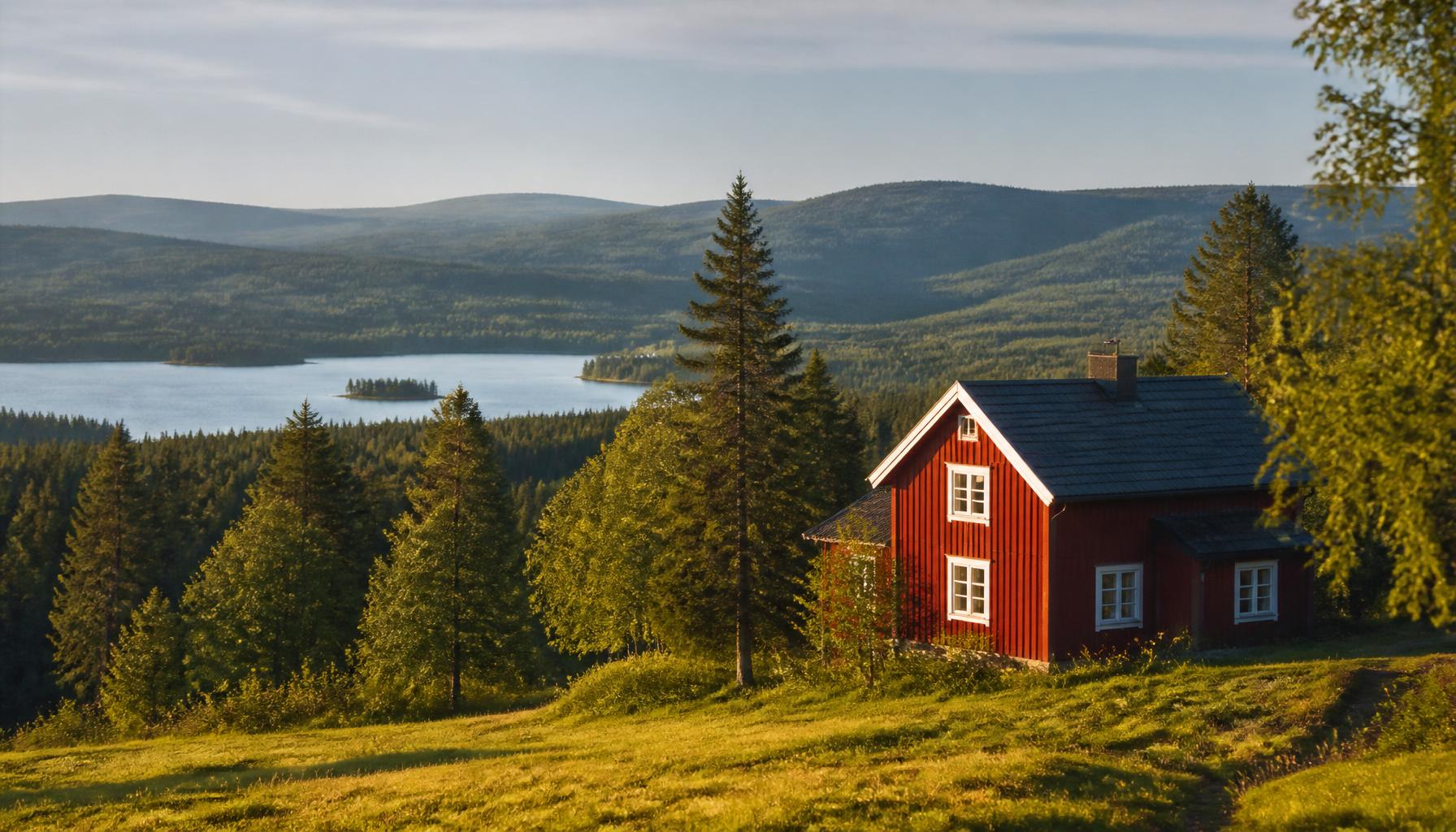 Röd stuga i Dalarnas landskap med skog och sjö, Malung